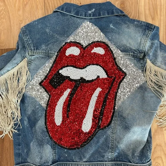 Custom Rolling Stones distressed denim jacket with fringe - Small - Picture 4 of 10